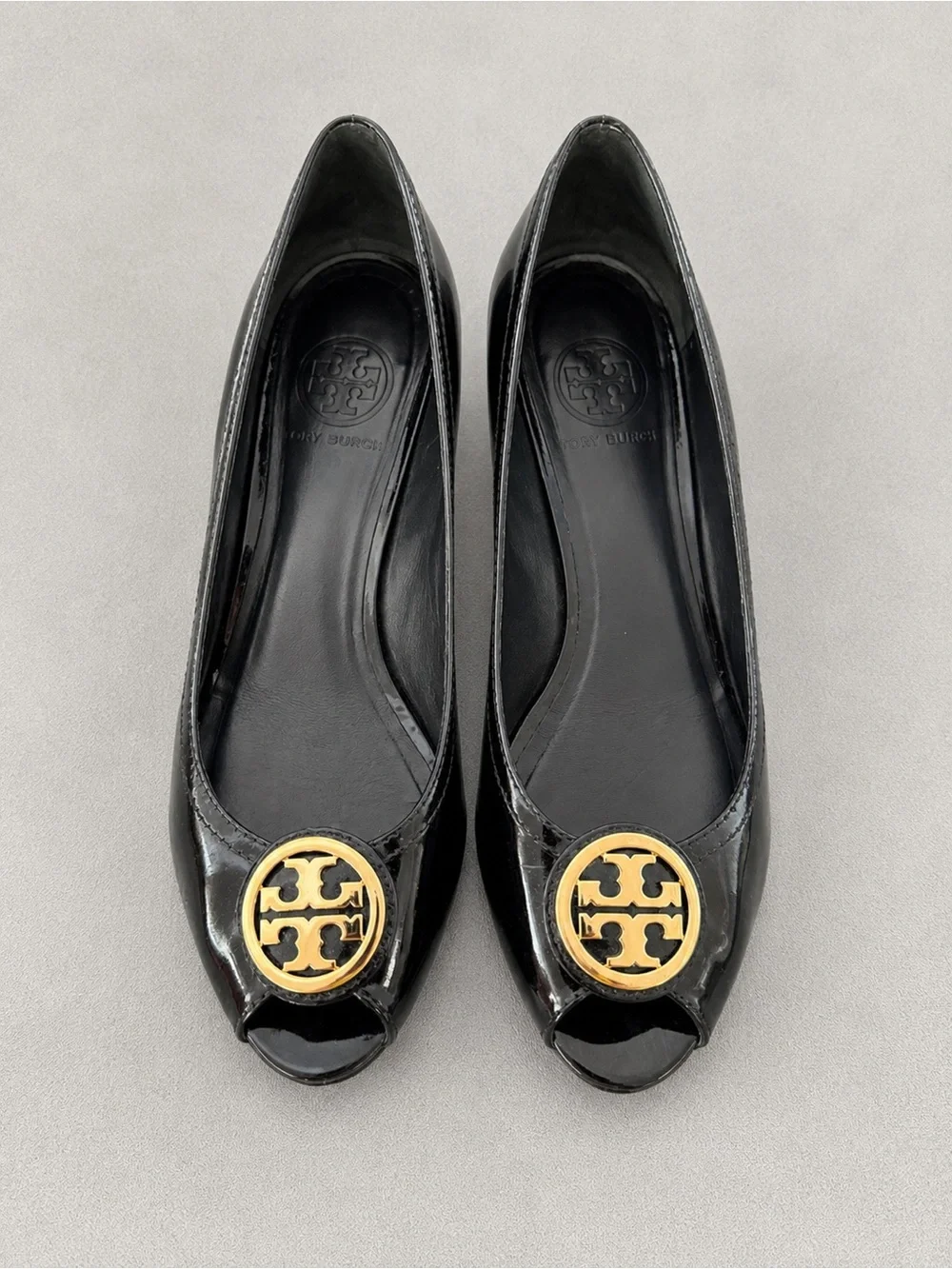 Tory Burch Black Patent Peep-Toe Flats with Gold Logo Medallion
